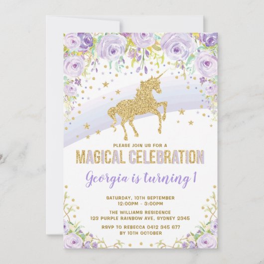 Paarse goudregenboog Unicorn Birthday Party Kaart (Voorkant)