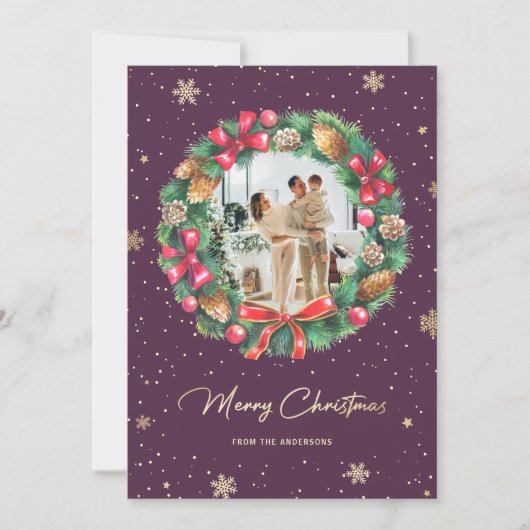 Paarse goudsnowflakes, foto feestdagenkaart (Voorkant)