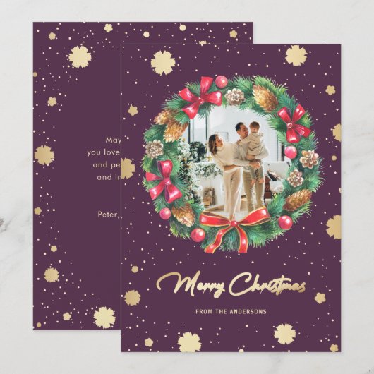 Paarse goudsnowflakes, foto feestdagenkaart (Voorkant / Achterkant)