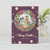 Paarse goudsnowflakes, foto feestdagenkaart (Staand voorkant)