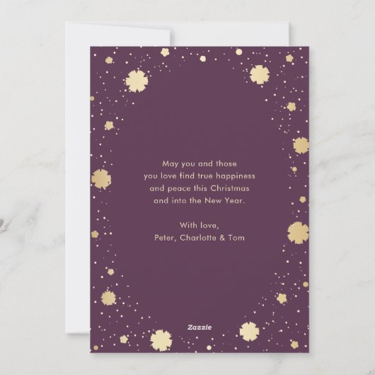 Paarse goudsnowflakes, foto feestdagenkaart (Achterkant)