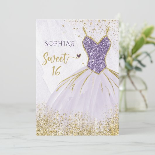 Paarse goudsparkle Dress Sweet 16 jaar Kaart (Staand voorkant)
