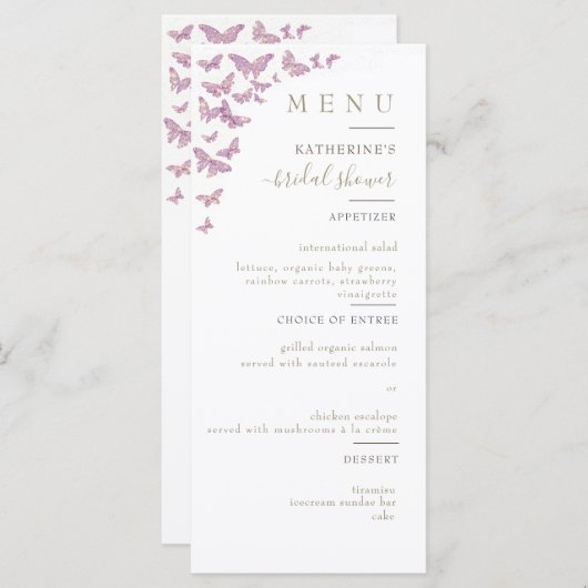 Paarse goudvlinder Boho Elegant Vrijgezellenfeest Menu (Voorkant / Achterkant)