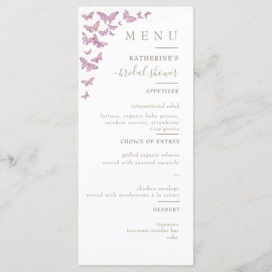 Paarse goudvlinder Boho Elegant Vrijgezellenfeest Menu (Voorkant)