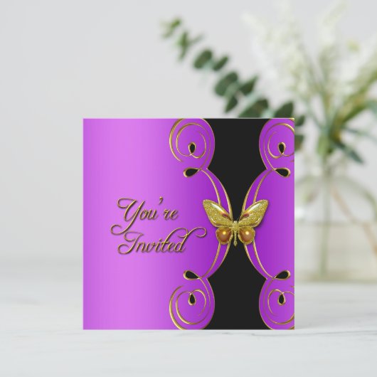 Paarse goudvlinder Elegant Birthday Party Kaart (Staand voorkant)