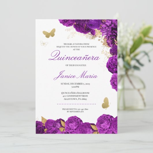 Paarse goudvlinder Elegant Quinceañera Kaart (Staand voorkant)