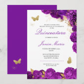 Paarse goudvlinder Elegant Quinceañera Kaart (Voorkant / Achterkant)