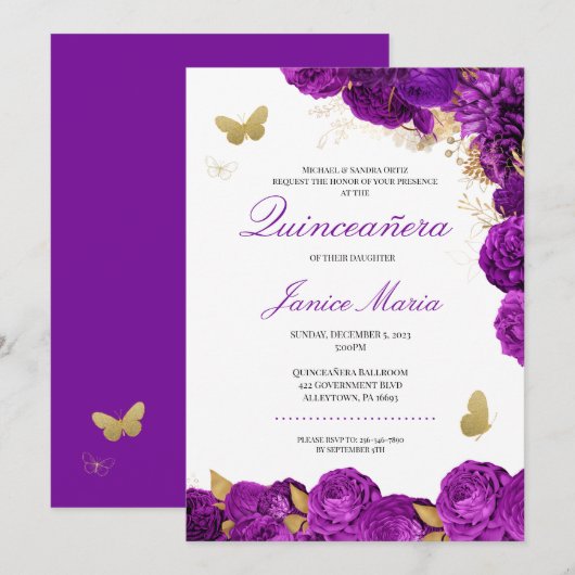 Paarse goudvlinder Elegant Quinceañera Kaart (Voorkant / Achterkant)