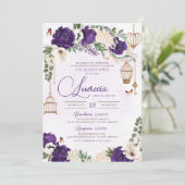 Paarse goudvlinder Floral Elegant Quinceañera Kaart (Staand voorkant)