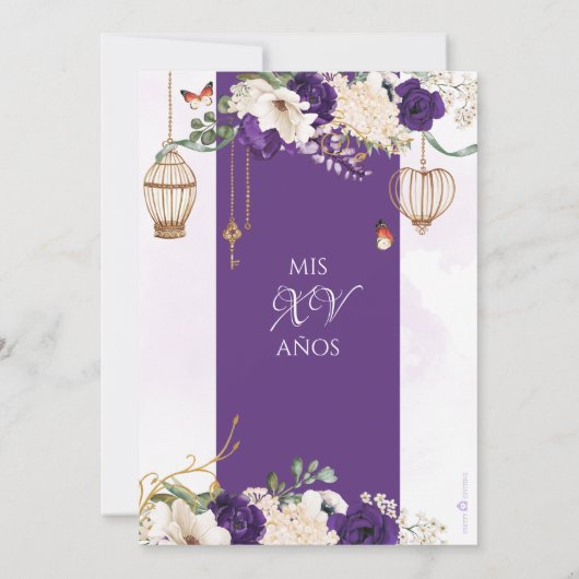 Paarse goudvlinder Floral Elegant Quinceañera Kaart (Achterkant)