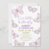 Paarse goudvlinder Glitter 1e verjaardag Kaart (Voorkant)