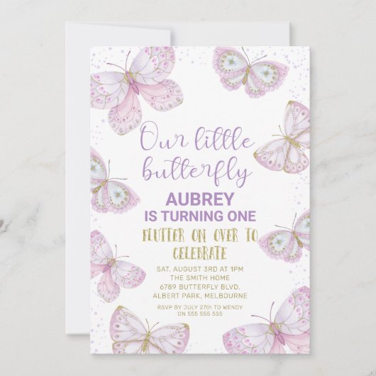 Paarse goudvlinder Glitter 1e verjaardag Kaart (Voorkant)