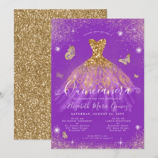 Paarse goudvlinder Quinceanera Kaart (Voorkant / Achterkant)