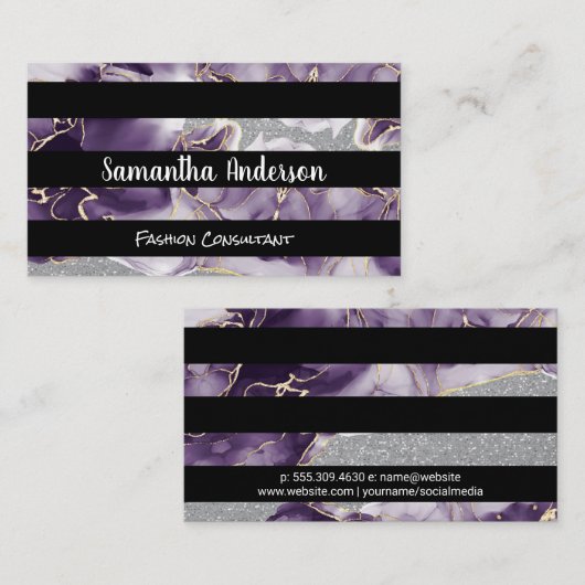 Paarse goudvlokken | Glitter sequin | Gestreepte Visitekaartje (Voorkant / Achterkant)