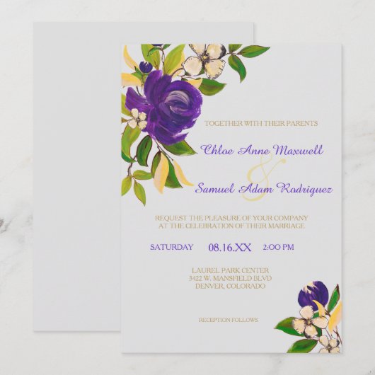 Paarse goudWaterverf Bouquet Wedding Kaart (Voorkant / Achterkant)