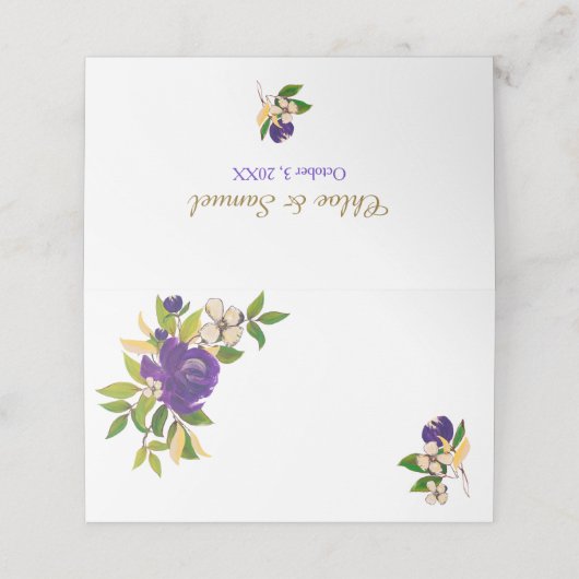 Paarse goudWaterverf Bouquet Wedding Plaatskaartje (Buitenkant ongevouwen)