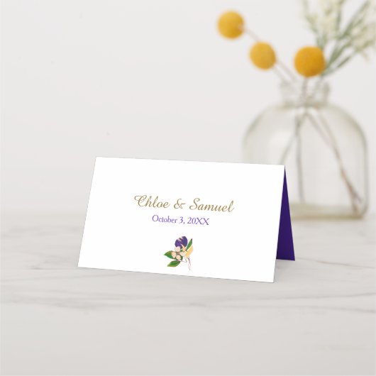 Paarse goudWaterverf Bouquet Wedding Plaatskaartje (Achterkant)