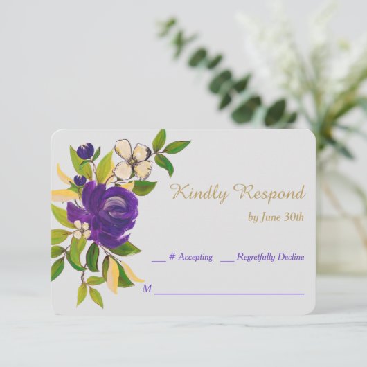 Paarse goudWaterverf Bouquet Wedding RSVP (Staand voorkant)