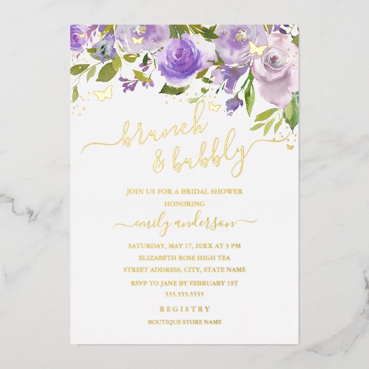 Paarse goudWaterverf Brunch en brabbel Folie Uitnodiging (Voorkant)