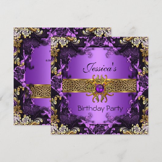 Paarse goudzwarte luipaard Birthday Party 2 Kaart (Voorkant / Achterkant)