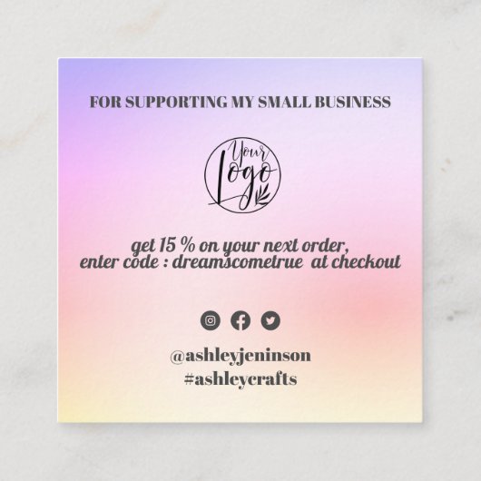 Paarse gradiënt cool retro script orde dank u vierkante visitekaartje (Achterkant)