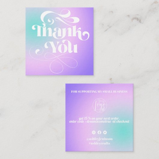 Paarse gradiënt cool retro script orde dank u vierkante visitekaartje (Voorkant / Achterkant)
