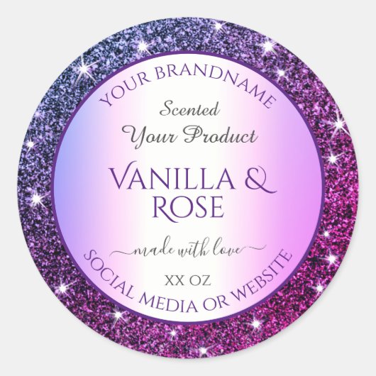 Paarse Gradient Glitter Product Verpakkingsetikett Ronde Sticker (Voorkant)