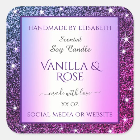 Paarse Gradient Glitter Product Verpakkingsetikett Vierkante Sticker (Voorkant)