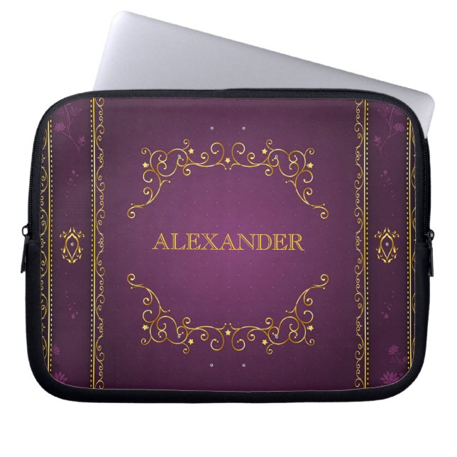 Paarse Gradient+Gold Lijst accent-Monogram Laptop Sleeve (Voorkant)