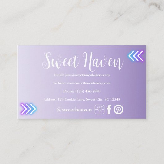 Paarse Gradient Neon Kookgerei Bakkerij Visitekaartje (Achterkant)