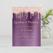 Paarse gradiënt roos goud glitter druipt bruiloft kaart (Staand voorkant)