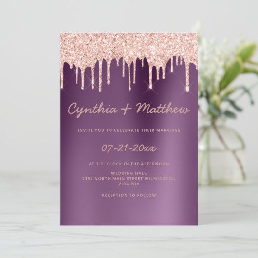 Paarse gradiënt roos goud glitter druipt bruiloft kaart (Staand voorkant)