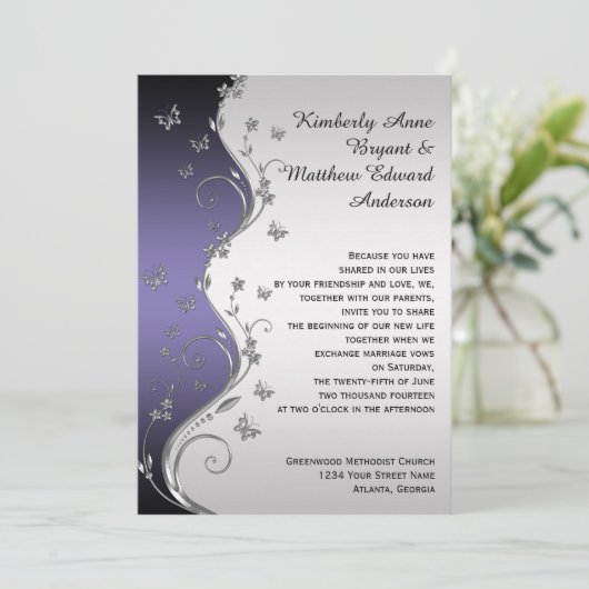 Paarse Gradiënt Zilver  Vlinders Bruiloft Kaart (Staand voorkant)