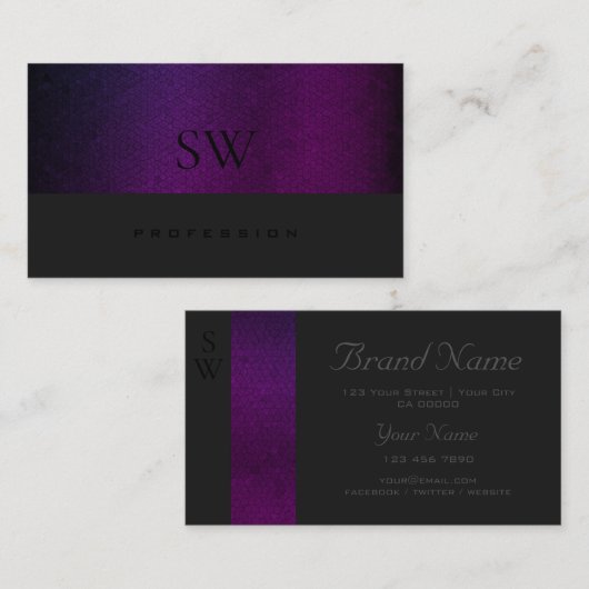 Paarse gradiëntpatroon donkergrijs met monogram visitekaartje (Voorkant / Achterkant)