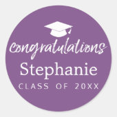 Paarse Graduation Cap felicitatie modern script Ronde Sticker (Voorkant)