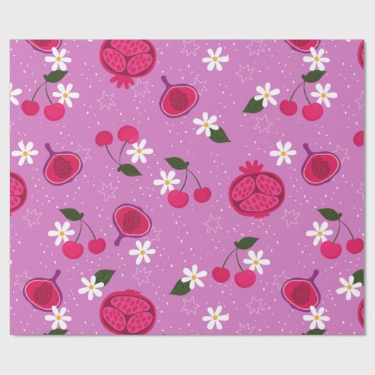 paarse granaatappel fruitkers bloemenmadeliefje cadeaupapier (Vlak)