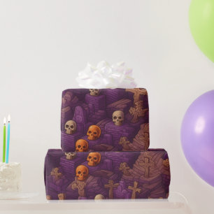 Paarse Graven Zilver Bronzen Schedels Halloween Cadeaupapier