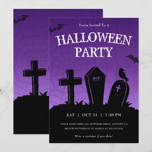 Paarse Graveyard Tombstenen Halloween Partij Kaart (Voorkant / Achterkant)