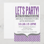 Paarse Gray Modern Herringbone Birthday Uitnodigin Kaart (Voorkant / Achterkant)