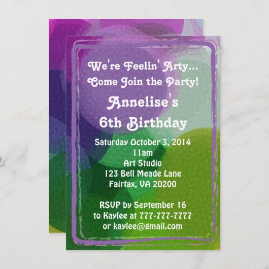 Paarse Green Art Party Verf Stippen Uitnodiging (Voorkant / Achterkant)