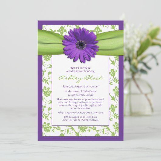 Paarse Green Daisy Damask Bridal Shower Invitation Kaart (Staand voorkant)