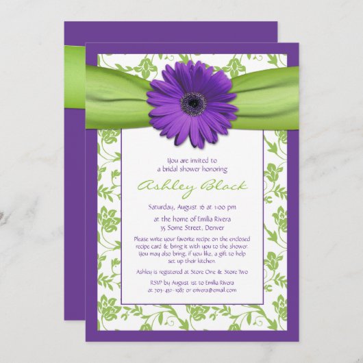 Paarse Green Daisy Damask Bridal Shower Invitation Kaart (Voorkant / Achterkant)