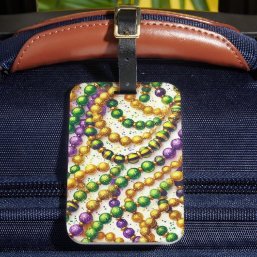 PAARSE GREEN GOLD MARDI GRAS BEADS BAGAGELABEL (Voorkant Insitu 2)