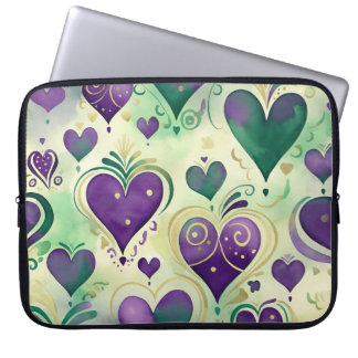 PAARSE GREEN GOLD MARDI GRAS HOARTS LAPTOP SLEEVE