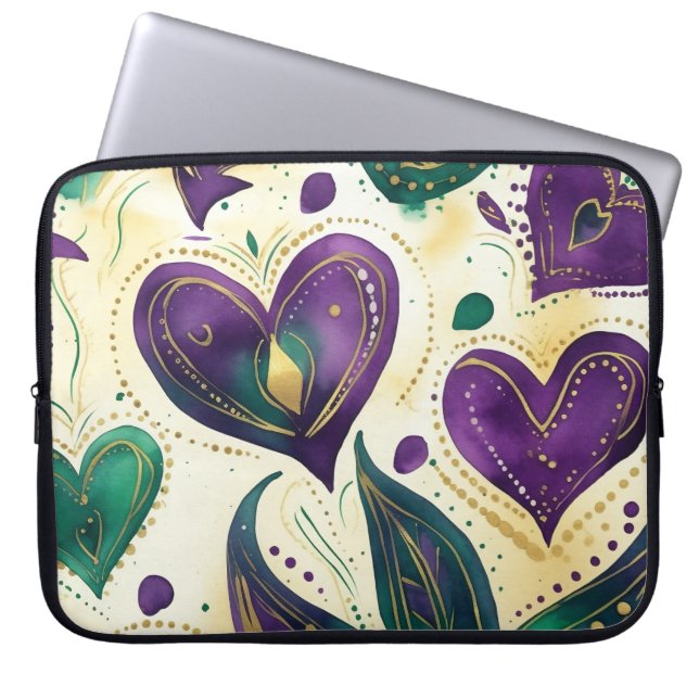 PAARSE GREEN GOLD MARDI GRAS HOARTS LAPTOP SLEEVE (Voorkant)
