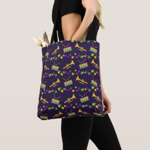 PAARSE GREEN GOLD MARDI GRAS HORNS & DRUMS TOTE BAG