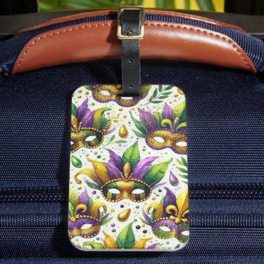 PAARSE GREEN GOLD MARDI GRAS MASKS BAGAGELABEL (Voorkant Insitu 2)