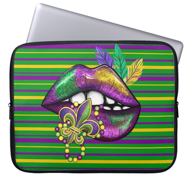 PAARSE GREEN GOLD STRIPES EN LUSH LIPS LAPTOP SLEEVE (Voorkant)