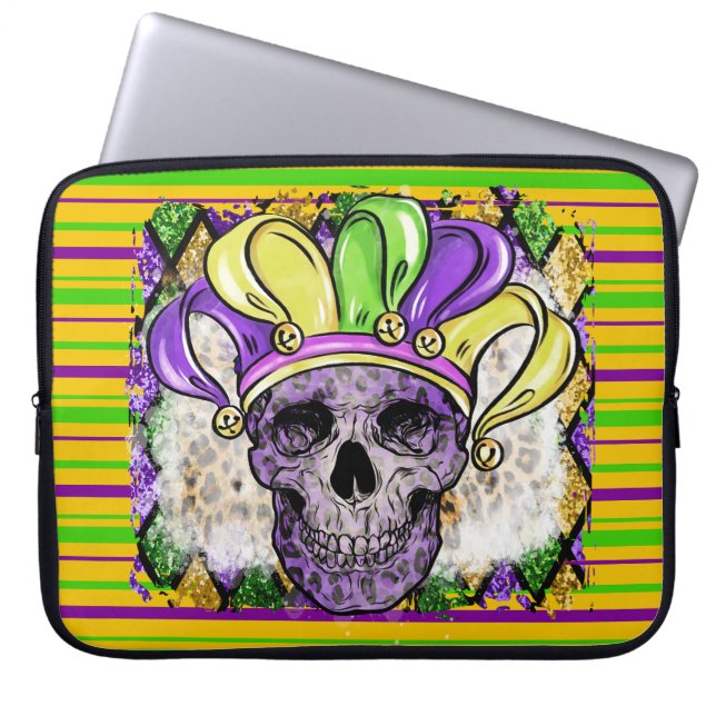 PAARSE GREEN GOLD STRIPES EN PAARS SKULL LAPTOP SLEEVE (Voorkant)