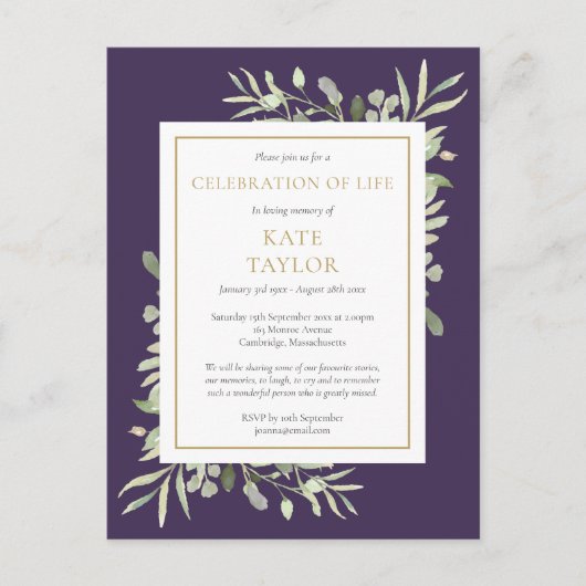 Paarse Greenery Celebration of Life Invitation Aankondigingskaart (Voorkant)